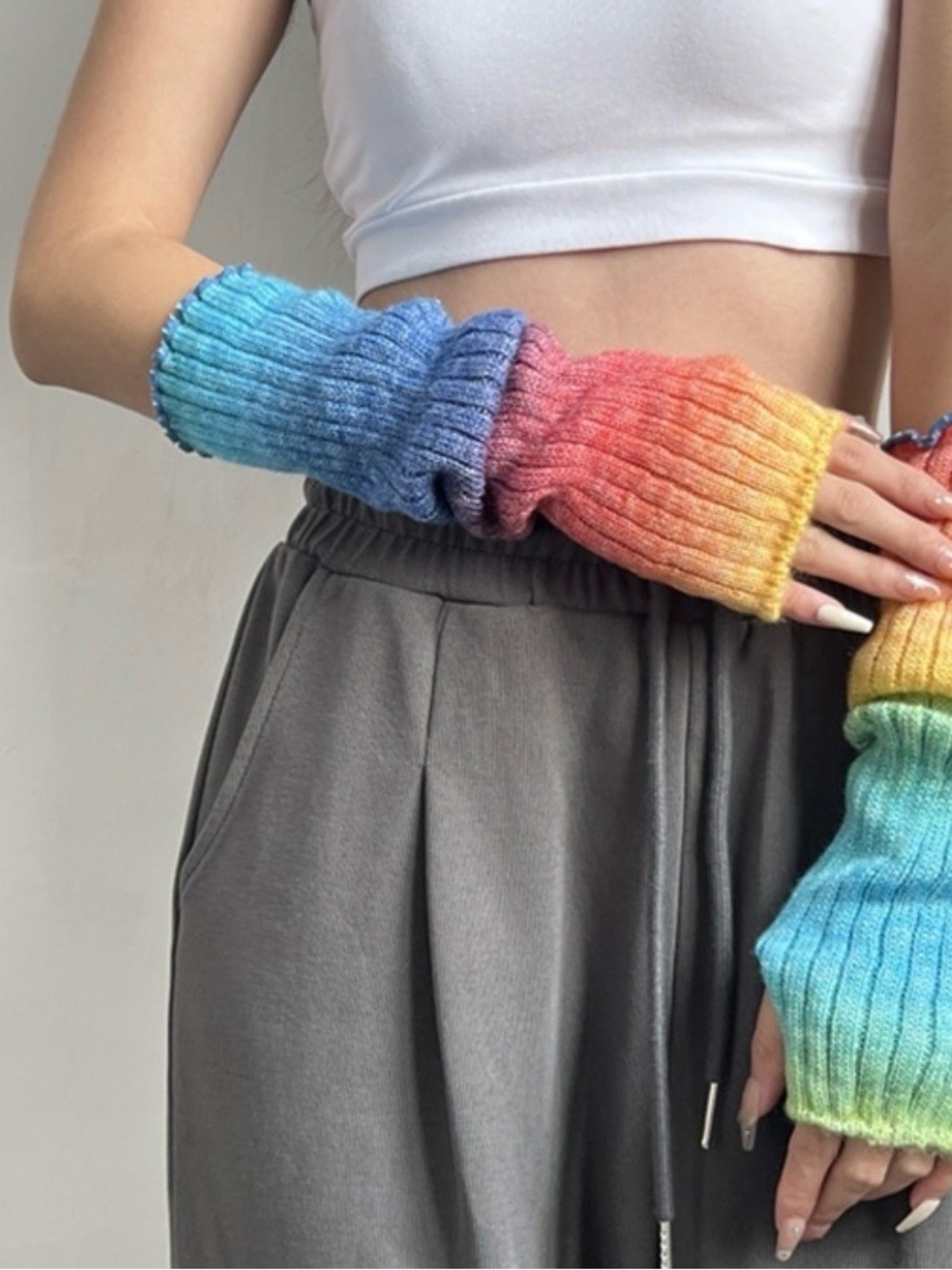 Rainbow Ribbed Knit Fingerless Arm Warmers - Multicolor
